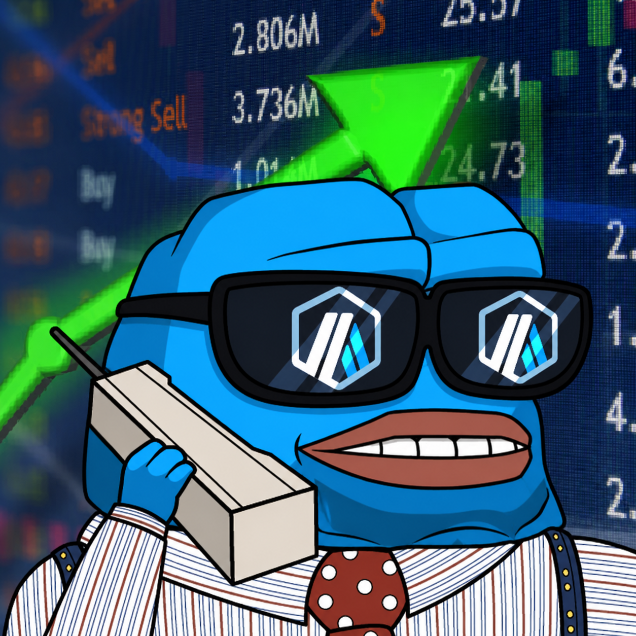 Blue INTERN wearing Arbitrum glasses while watching a market screen